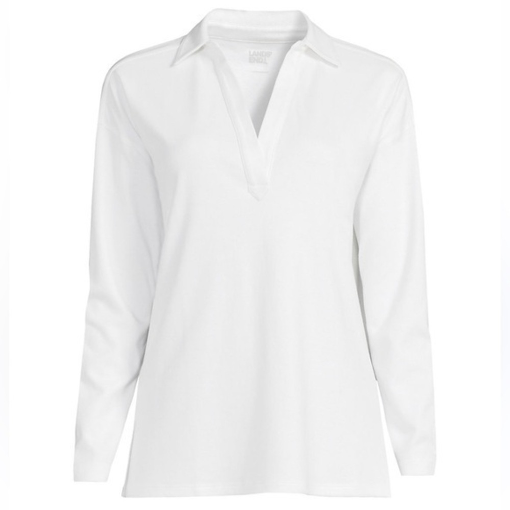 Lands' End Women's White Johnny collar cotton Long Sleeve Top size xlg